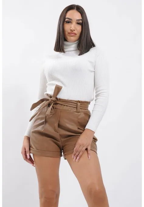 Short marron en simili cuir  pour femme