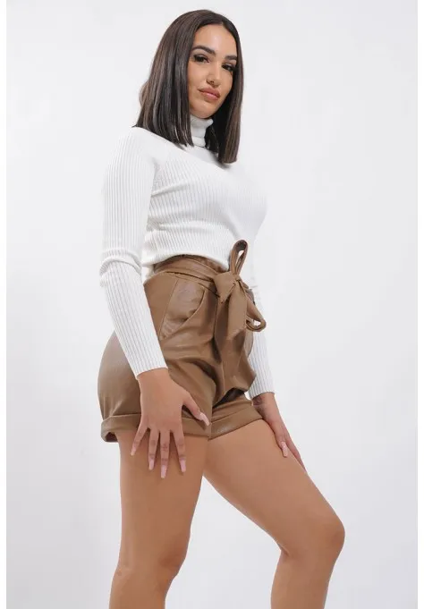 Short marron en simili cuir  pour femme