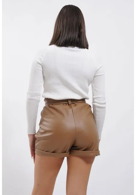 Short marron en simili cuir  pour femme