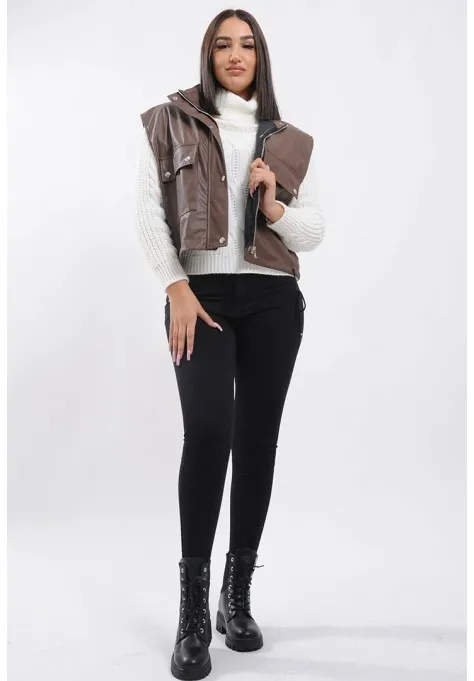 Veste courte marron oversize en simili cuir sans manches femme