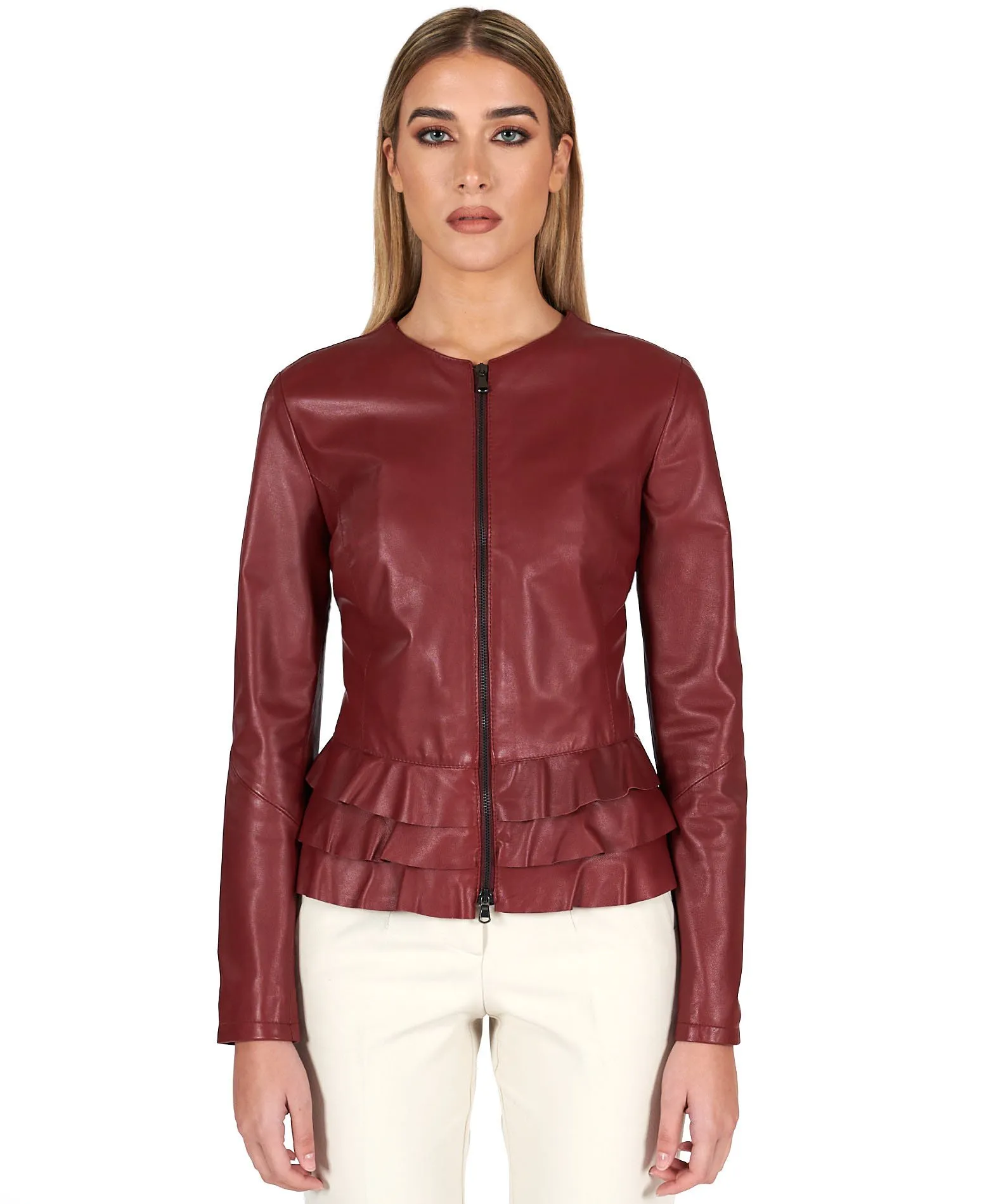 Veste en cuir femme rouches cuir plongé couleur bordeaux F105BL