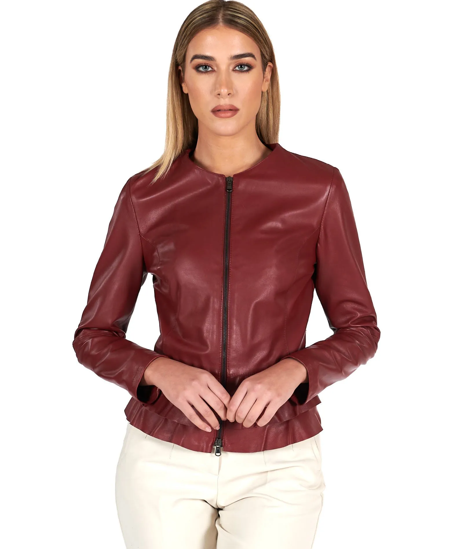 Veste en cuir femme rouches cuir plongé couleur bordeaux F105BL