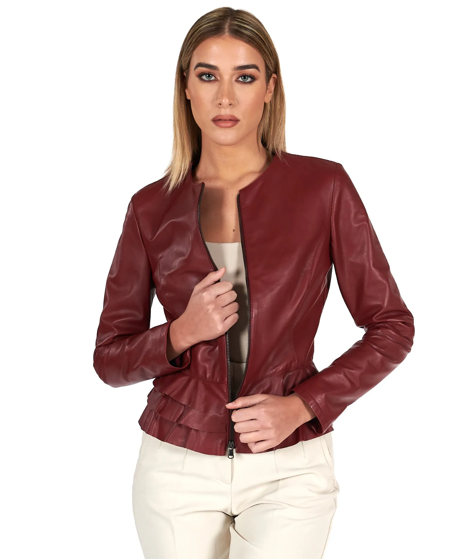 Veste en cuir femme rouches cuir plongé couleur bordeaux F105BL