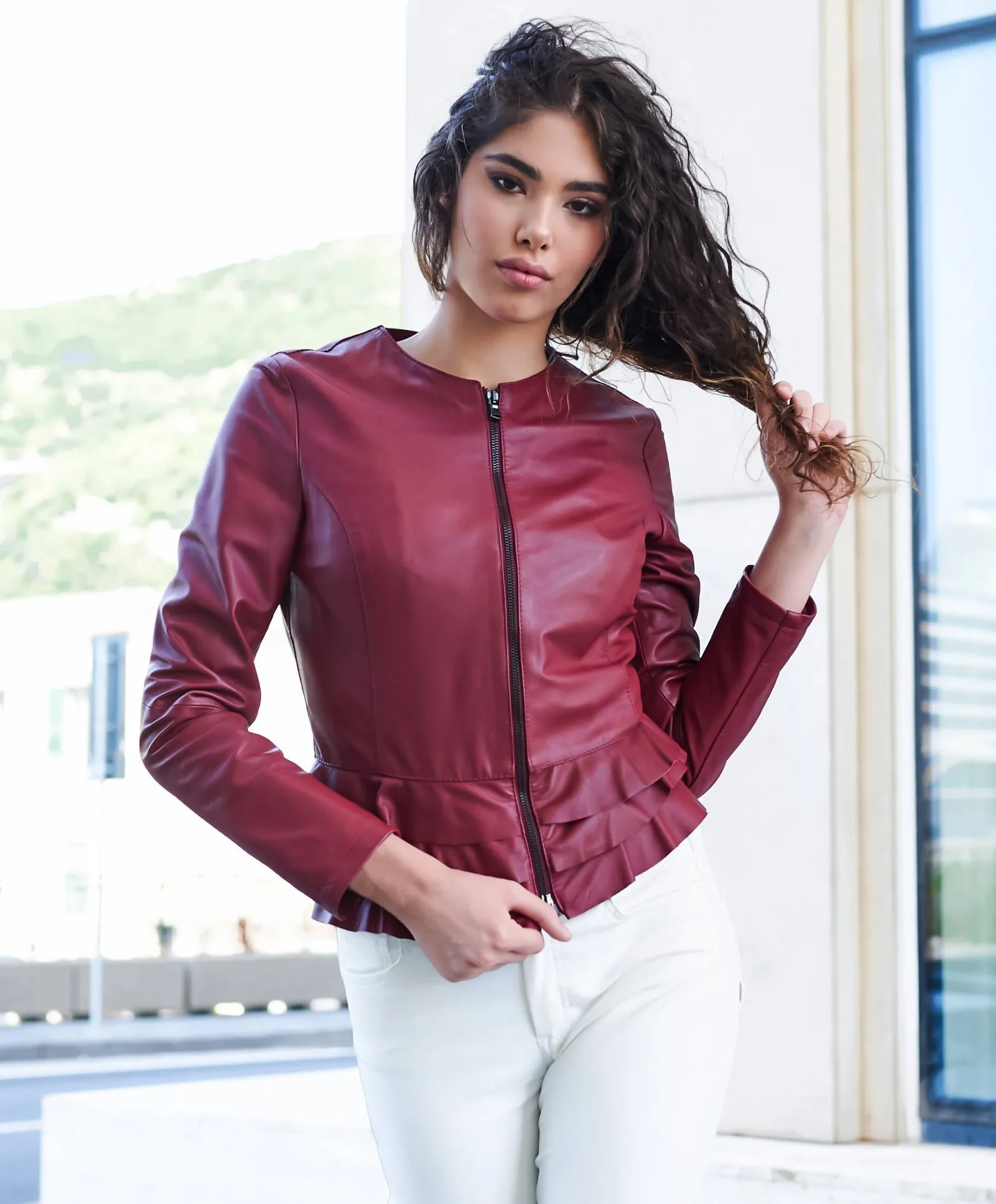 Veste en cuir femme rouches cuir plongé couleur bordeaux F105BL