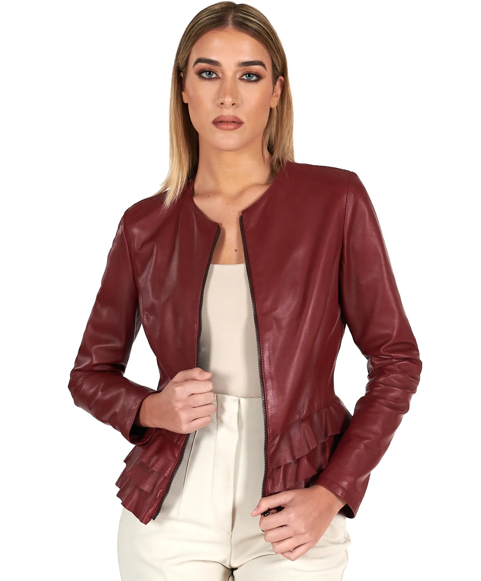 Veste en cuir femme rouches cuir plongé couleur bordeaux F105BL