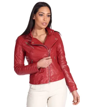 Veste en cuir femme rouge matelassée motard blouson