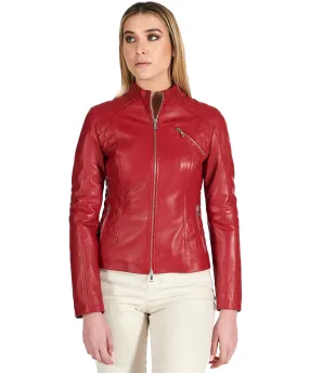 Veste en cuir femme style motard surpiqûres cuir plongé rouge Geny