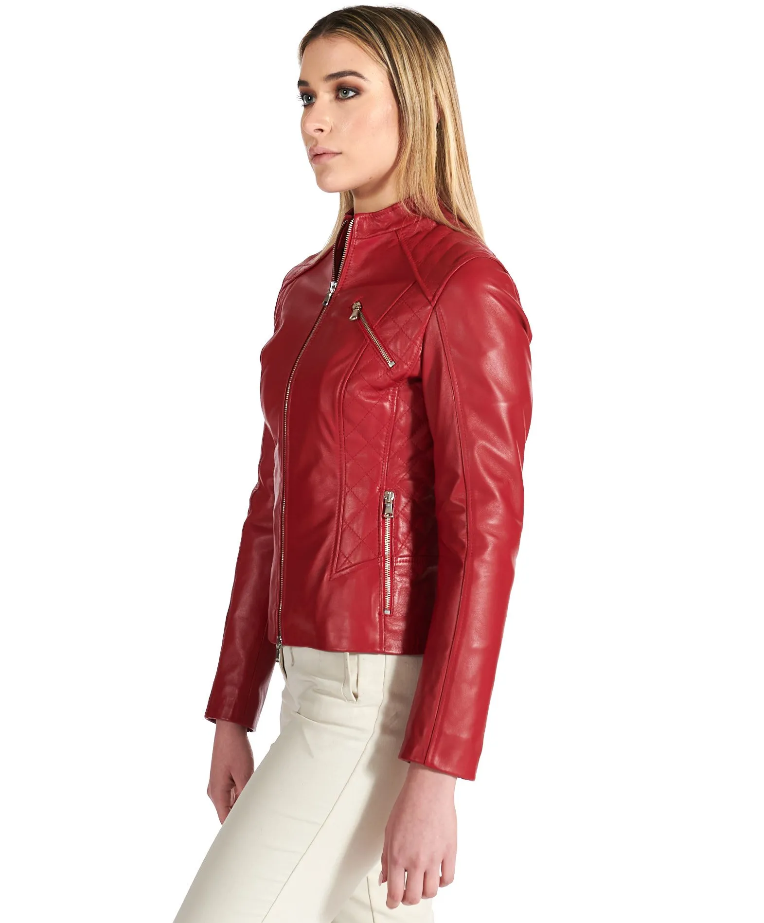 Veste en cuir femme style motard surpiqûres cuir plongé rouge Geny