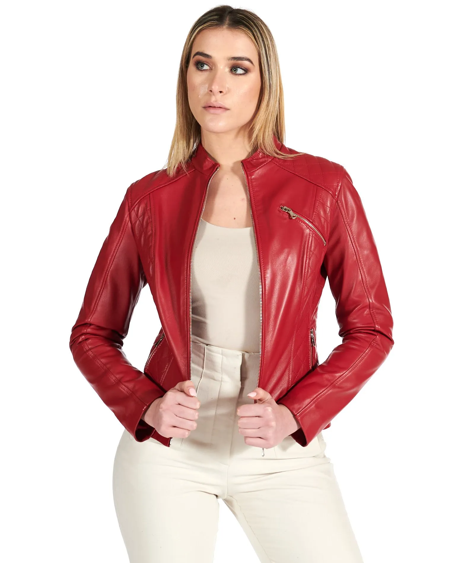 Veste en cuir femme style motard surpiqûres cuir plongé rouge Geny